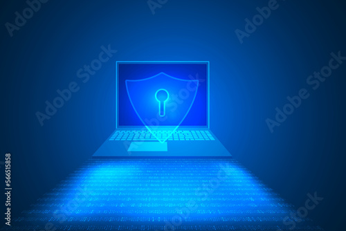 laptop cyber security and top privacy information data technology abstract. High security and protection by binary code background.