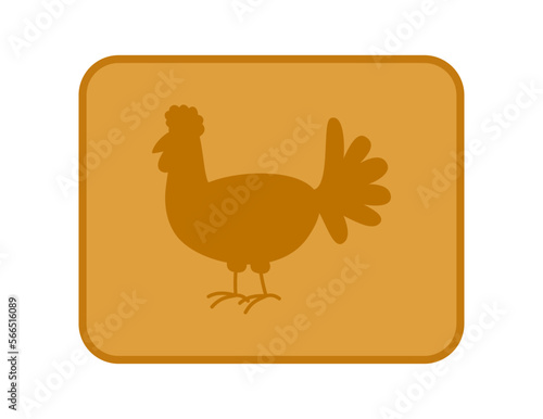 Illustration of orange farm hen in rectangular panel with rounded edge