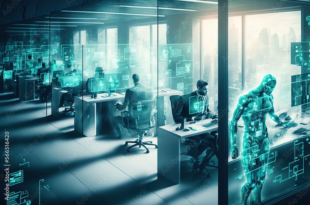 Human beings and robots working in a futuristic office. Digital painting. Generative AI Human beings and robots working in a futuristic office. Digital painting. Generative AI