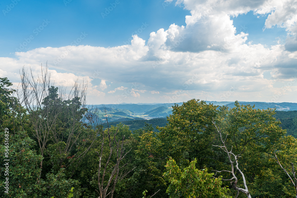 View from Vysoky Ostry hill in Cesks stredohori mountains near Usti nad Labem city in Czech republic - obrazy, fototapety, plakaty 