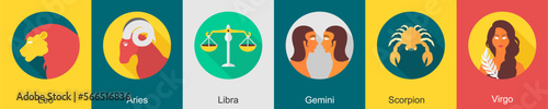 A set of 6 zodiac icons as leo, aries, libra