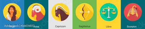 A set of 6 zodiac icons as virgo, aries, capricorn