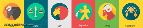 A set of 6 zodiac icons as taurus, libra, leo