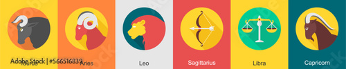 A set of 6 zodiac icons as taurus, aries, leo