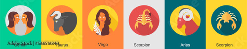 A set of 6 zodiac icons as gemini, taurus, virgo