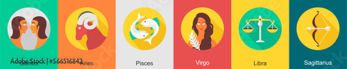 A set of 6 zodiac icons as gemini, aries, pisces