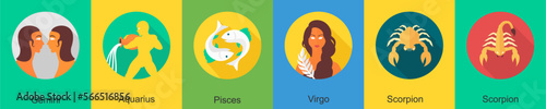 A set of 6 zodiac icons as gemini, aquarius, pisces