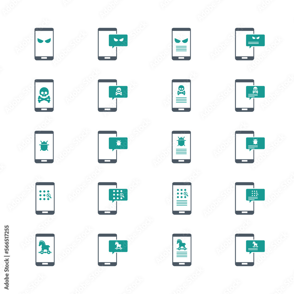 Malware notification on mobile phone. Virus, malware, email fraud, e-mail spam, phishing scam, hacker attack concept. Vector illustration. Icons set.	