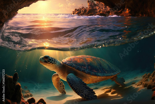 artificially generated image of a turtle swimming in the sea at sunset, a concept of peace and environmentalism.
