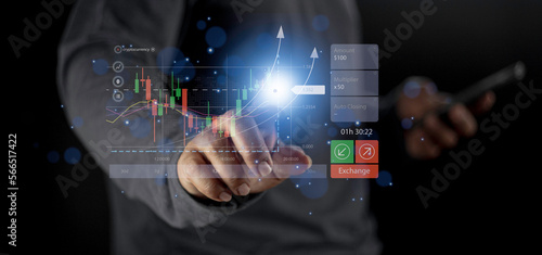 Planning and strategy stock business growth progress or success idea. Businessman or trader’s hand showing graph of browning hologram stock on virtual screen