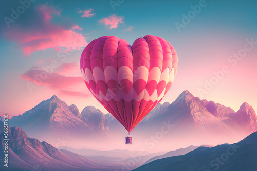 Beautiful air balloon heart shape against pink pastel sky in a sunny bright morning. Valentine Day. Generative AI