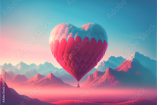Beautiful air balloon heart shape against pink pastel sky in a sunny bright morning. Valentine Day. Generative AI