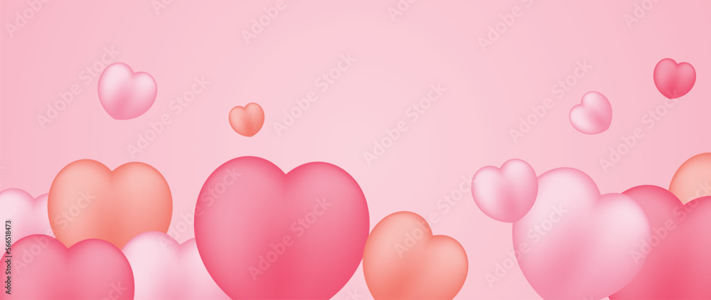 Happy Valentine's Day concept vector. Abstract 3d composition decorate with geometric podium and glossy red pink hearts background. Design for banner, mock up, product presentation, ads, marketing.