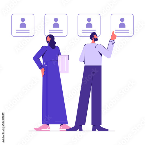 Concept of HR management, human resources, recruitment employee for company team. Vector flat illustration of people search and recruit professional staff