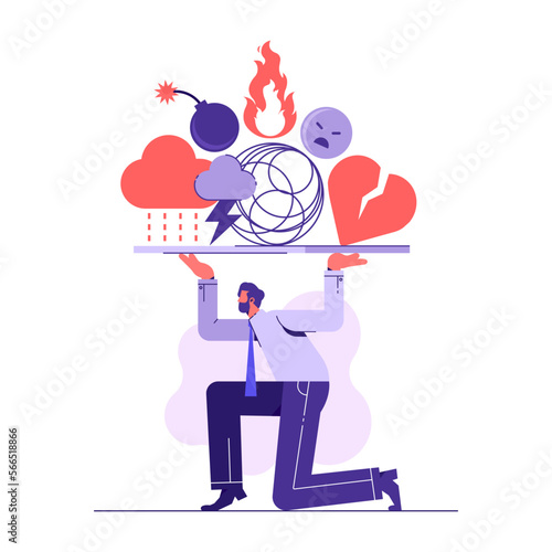 Bullying on social networks. Upset man resists onslaught of harassment, violence, negativity and psychological pressure. Male character fights haters