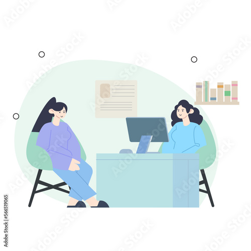 woman visits her gynecologist in the medical office. Female doctor talks with woman expecting a baby. Consultation and check up during pregnancy concept. Vector illustration
