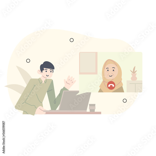 ramadan illustration. apologize to mother for not being able to go home on Eid al-Fitr. teleconference with mother during Eid al-Fitr.