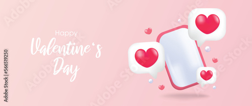 Happy Valentine's Day concept vector. Abstract 3d composition decorate with glossy red pink hearts floating from love letter envelope background. Design for banner, card, social media, ads, marketing.