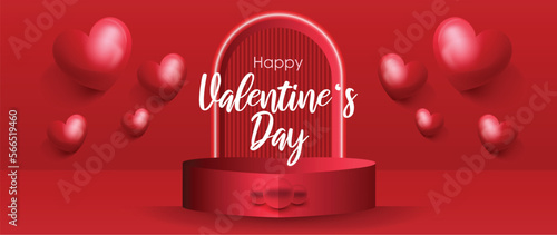 Happy Valentine's Day concept vector. Abstract 3d composition decorate with glossy red hearts text chat and realistic mobile phone background. Design for banner, card, social media, ads, marketing.