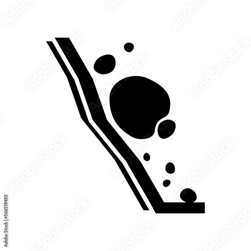 Black beware of rockfall mountain hill landslide natural disaster warning sign icon flat vector design