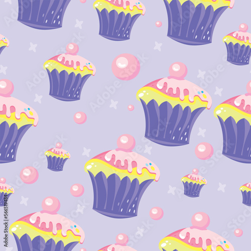 Cake. Colorful set of sweet cupcakes. Textiles  print.