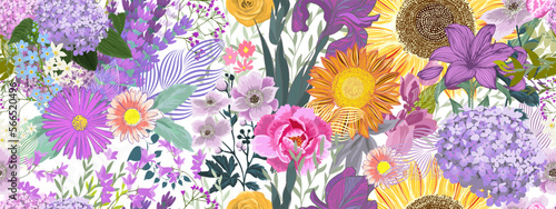 Blooming midsummer meadow pattern. Plant background for fashion, wallpapers, and print. A lot of different flowers on the field. Liberty style millefleurs. Trendy floral design