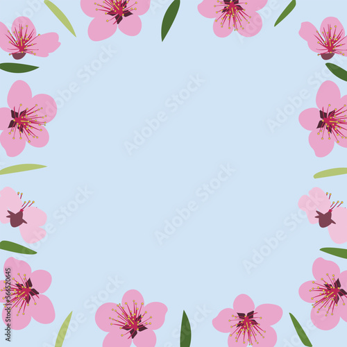 Background of blooming pink flowers and green leaves. Vector illustration