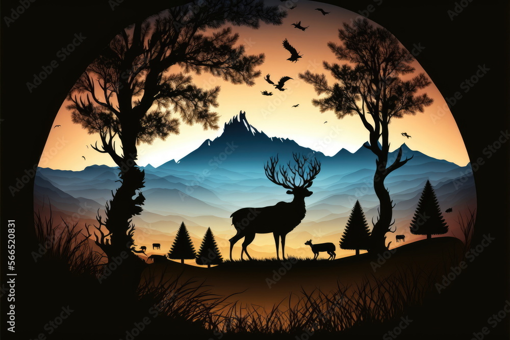  landscape mountain tree animals Silhouette, Made by AI,Artificial intelligence