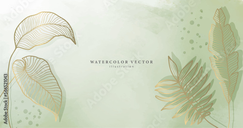 Vector watercolor illustration on a pale green background with golden palm leaves and banana leaves for cards, invitations, decor and presentations