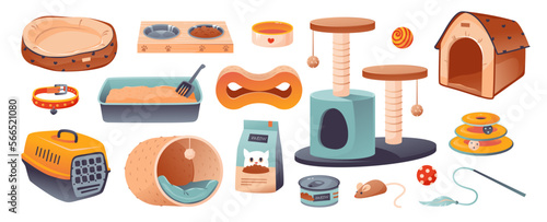 Cat accessories set. Bed, food, toys, scratching post and house for a pet. Cartoon vector illustration