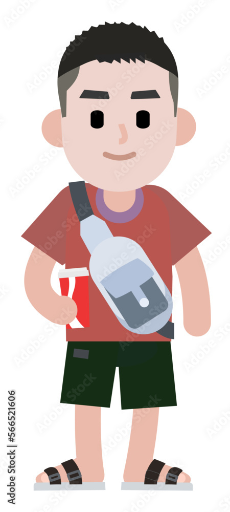 young male cartoon character with bag and drink