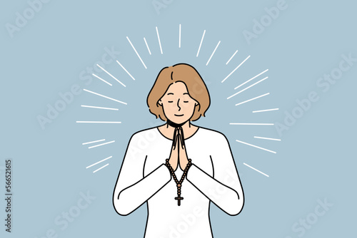 Hopeful religious young woman with rosary in hands praying. Superstitious female ask God for good fate and fortune. Religion and faith. Vector illustration. 