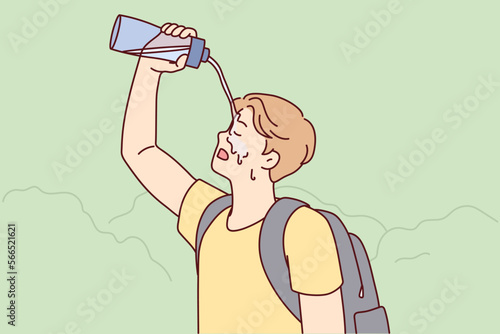 Tired man tourist pouring water on face during long walk in nature in hot weather. Traveler guy with backpack on back exhaustively washes head on go to avoid sunstroke. Flat vector design 