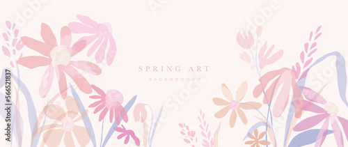 Abstract spring floral art background vector illustration. Watercolor hand painted botanical flower, leaves and nature background. Design for wallpaper, poster, banner, card, print, web and packaging.