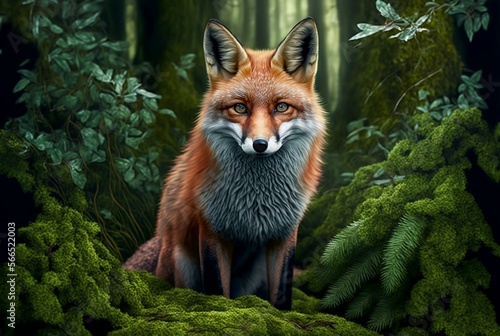 Red fox in the green forest. Generative AI.