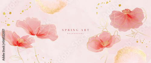 Abstract spring floral art background vector illustration. Watercolor botanical flower and gold brush line art texture. Luxury design for wallpaper, poster, banner, card, print, web and packaging.