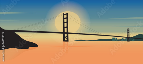 Vector illustration of the Golden Gate Bridge sunset in San Francisco, California.  City Skyline colorful beautiful Sunset Silhouette.
