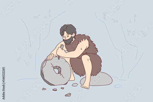 Ancient man with beard who lives in cave uses stone tool to create wheel. Neanderthal man in cloak made of animal skin invents primitive devices for grinding grain. Flat vector illustration 