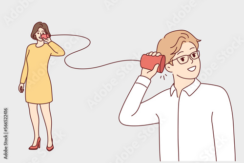 Man and woman are talking using homemade phone made from rope and cups. Guy and girl share secrets and gossip communicate at distance using handmade telegraph. Flat vector illustration
