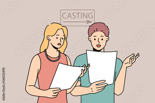 Young people reading lines in script prepare for casting in studio. Man and woman actors rehearsal with scenario for film or movie. Acting job. Vector illustration. 