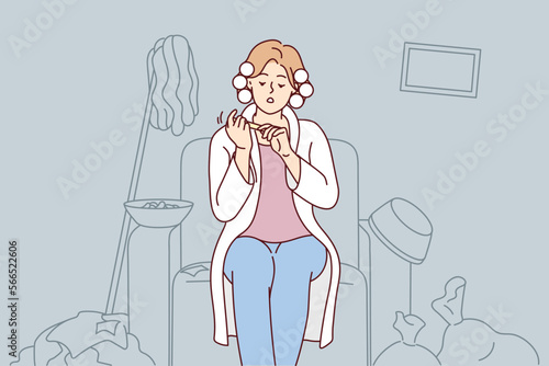 Carefree woman with curlers on hair sits on armchair taking care of nails ignoring garbage in apartment. Lazy girl does not want to clean up is resting in house with mess. Flat vector design 