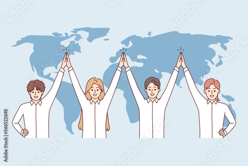 Friendly team of international company is standing near world map with hands up, demonstrating solidarity. Men and women in white shirts working global corporations. Flat vector illustration 