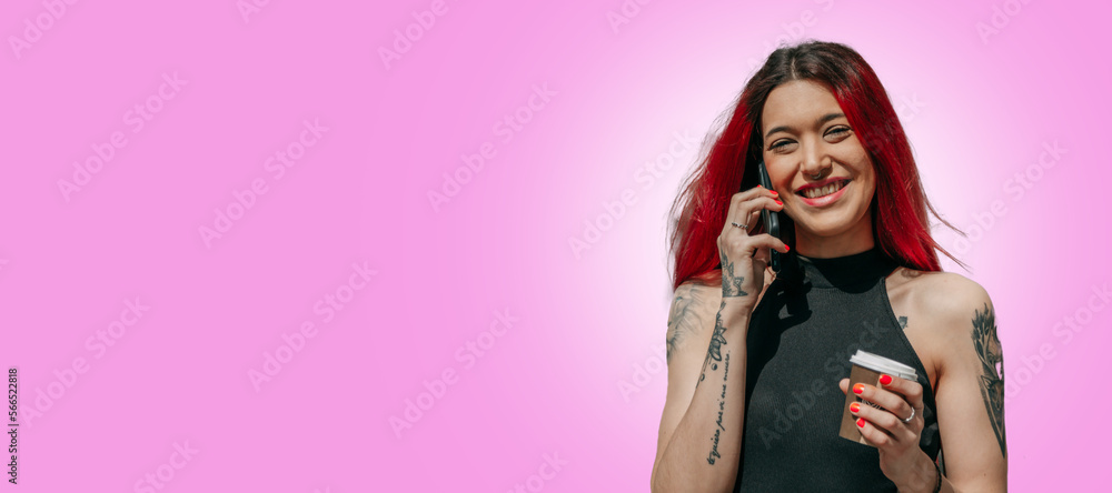 smiling happy woman talking with mobile phone having a takeaway isolated smiling happy woman talking with mobile phone having a takeaway isolated