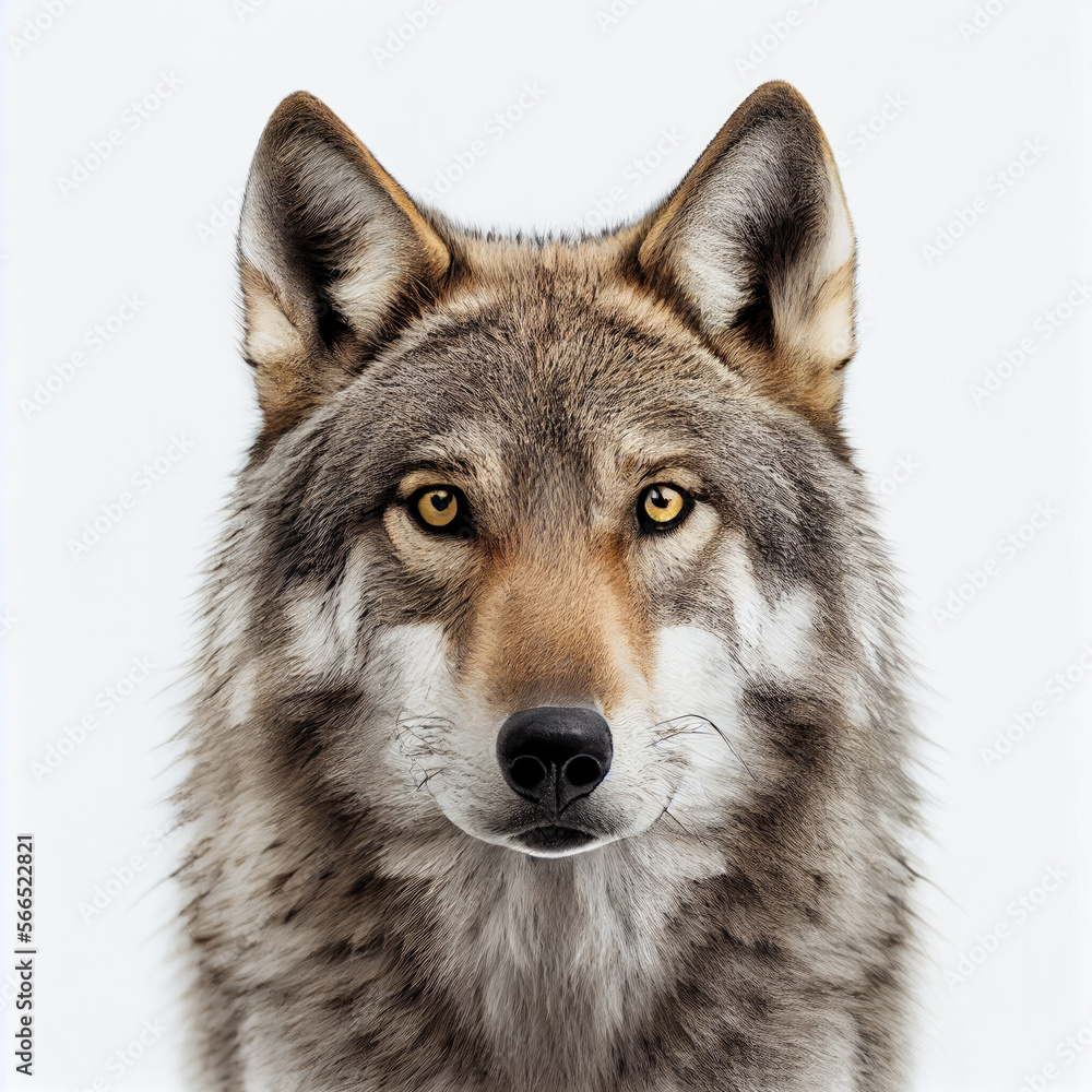 Adult wolf portrait isolated on a white background. Generative AI. 