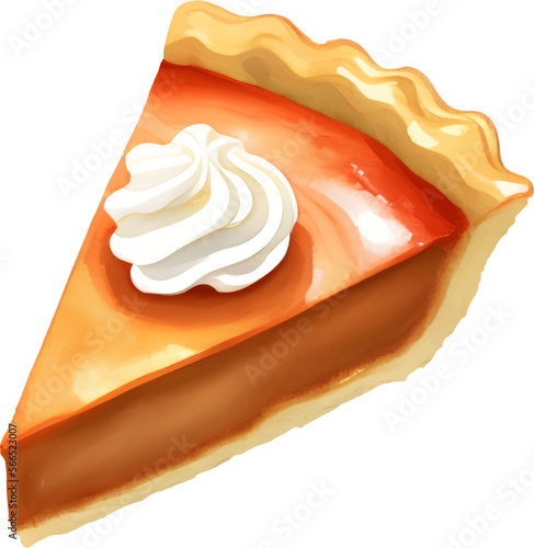 Pumpkin Pie Slice with Cream Isolated Hand Drawn Painting Illustration