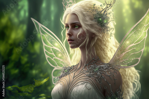 Fairy with wings in an enchanted magical forest. Post-processed digital AI art	