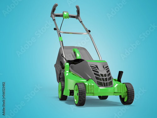 3d illustration of green professional electric lawnmower with grass catcher isolated on blue background with shadow