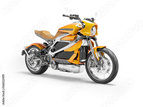 3d illustration of orange electric sports motorcycle on white background with shadow