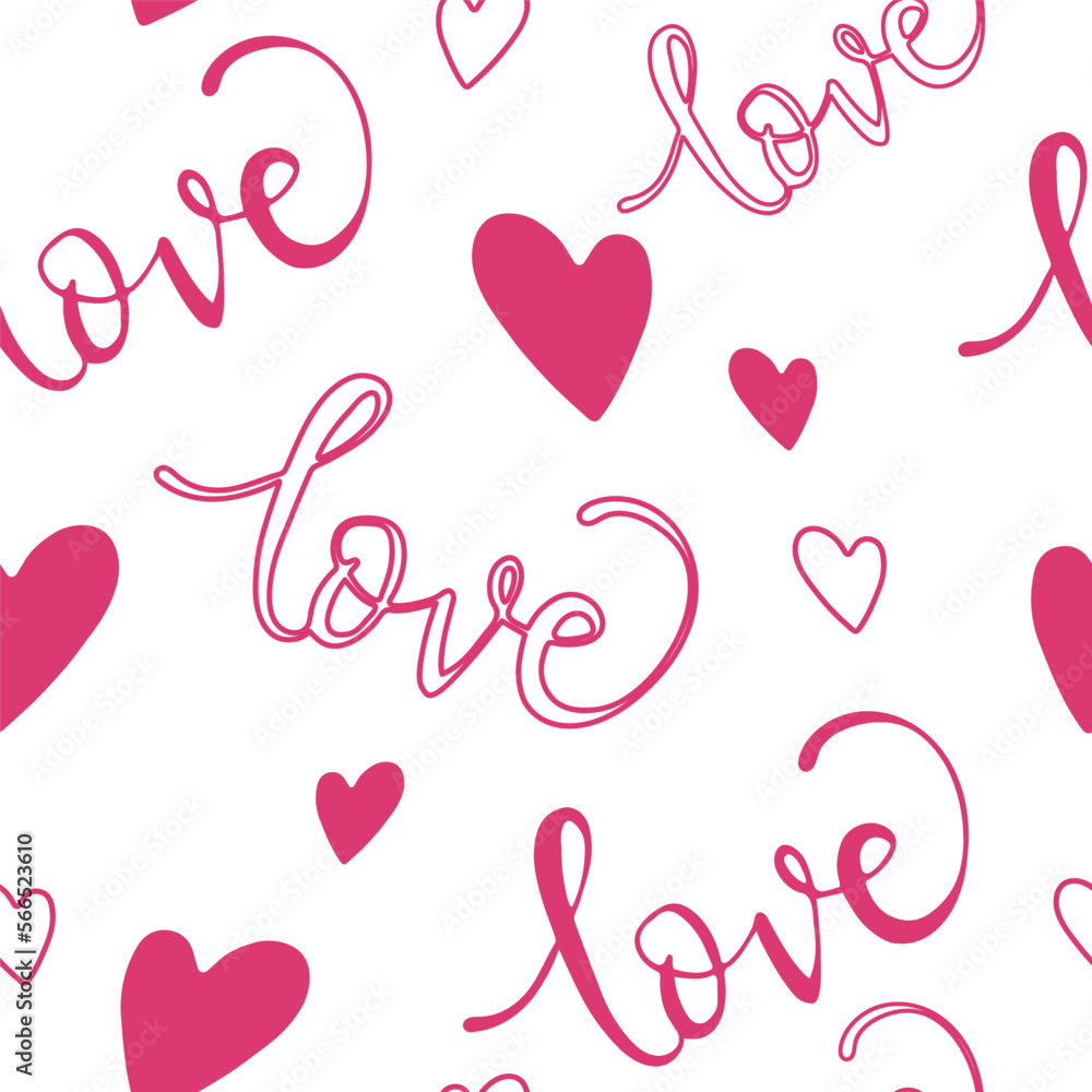 Seamless pattern with Handwritten Inscription Love on a white background. Pattern with Hearts. Vector illustration. The concept of Love and holiday.