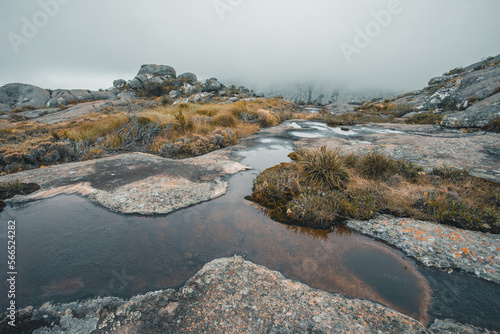 Andringitra national park, Haute Matsiatra region, Madagascar, beautiful mountain landscape, trail to high peak in mist and fog. Hiking in Andringitra mountains. Madagascar wilderness landscape. photo